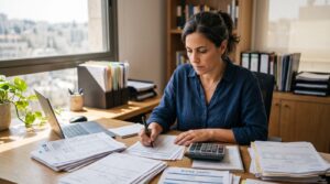 בעל עסק בוחן מסמכים פיננסיים לקראת איחוד הלוואות
